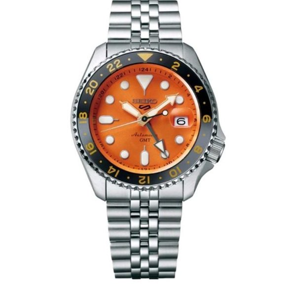 NEW SEIKO 5 SPORTS MEN'S SSK005 AUTOMATIC ORANGE DIAL GMT STAINLESS WATCH - Picture 1 of 8